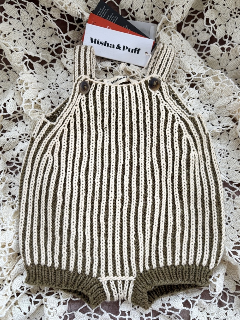 NWT Misha and Puff Plum Island Playsuit in String and Moss - Handknit 12-18m